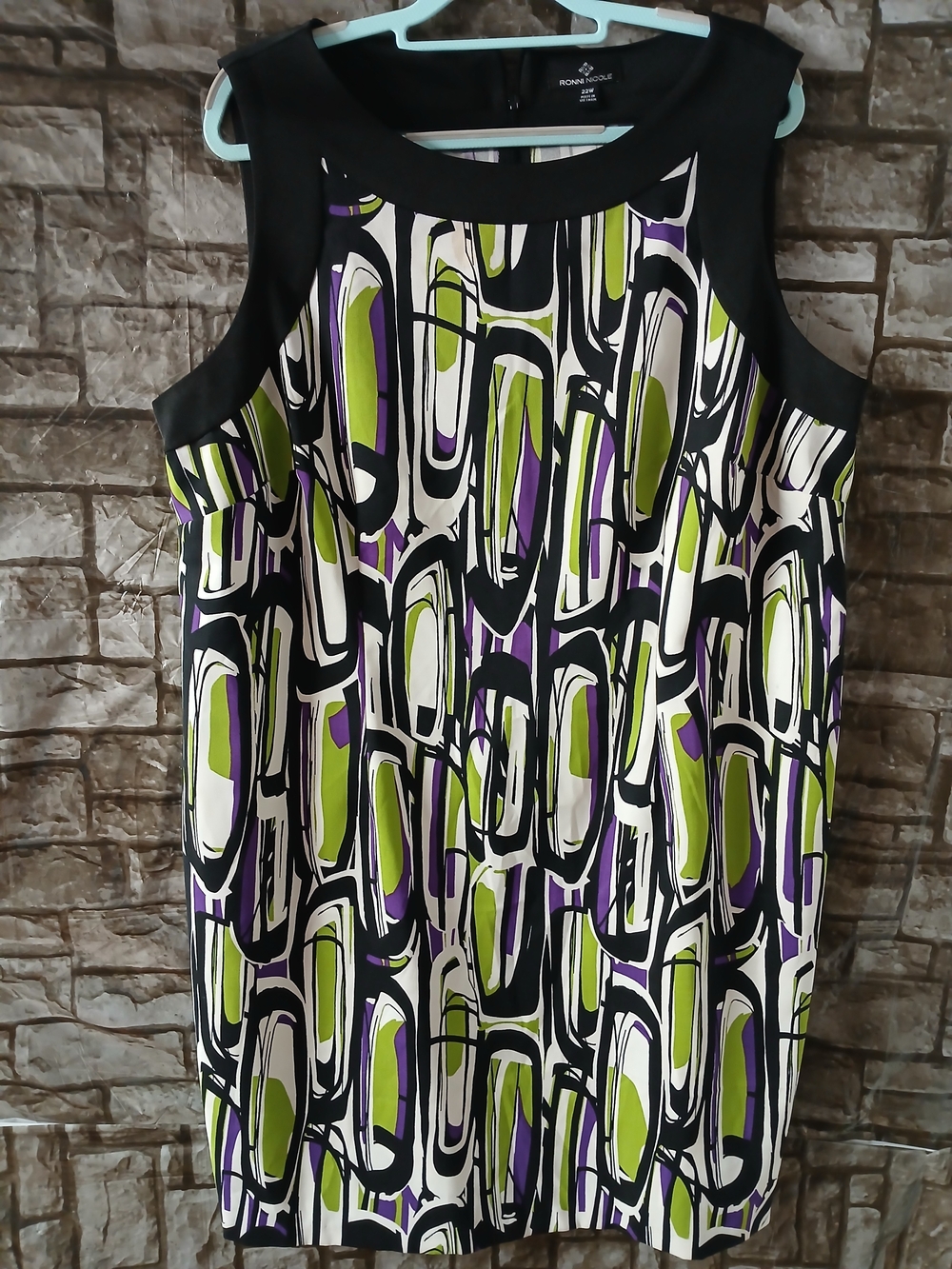 Ronni Nicole Black Midi Dress with White, Green & Purple Geometric Print